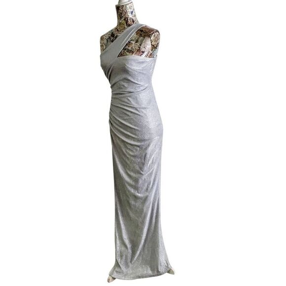 Sparkle Silver Glitter One-Shoulder Shiny Lurex High Slit Gown Long Maxi Dress - Picture 10 of 15
